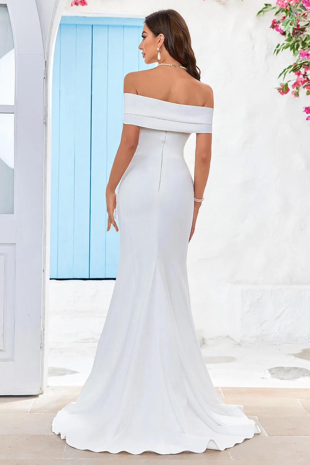 Simple Ivory Off the Shoulder Wedding Dress with Slit sold by Zapaka product image thumbnail 2