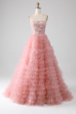 Blush A-Line Strapless Beaded Tiered Long Prom Dress sold by Zapaka