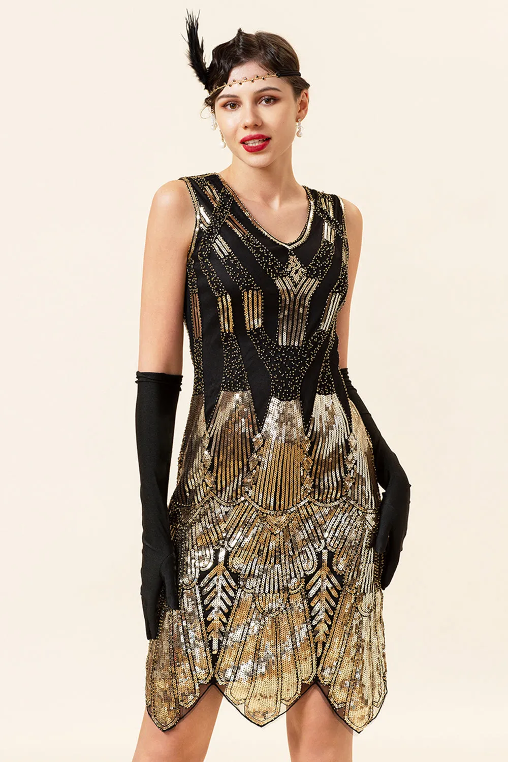 Golden Sequins Glitter Flapper Dress with 1920s Accessories Set sold by Zapaka product image thumbnail 4