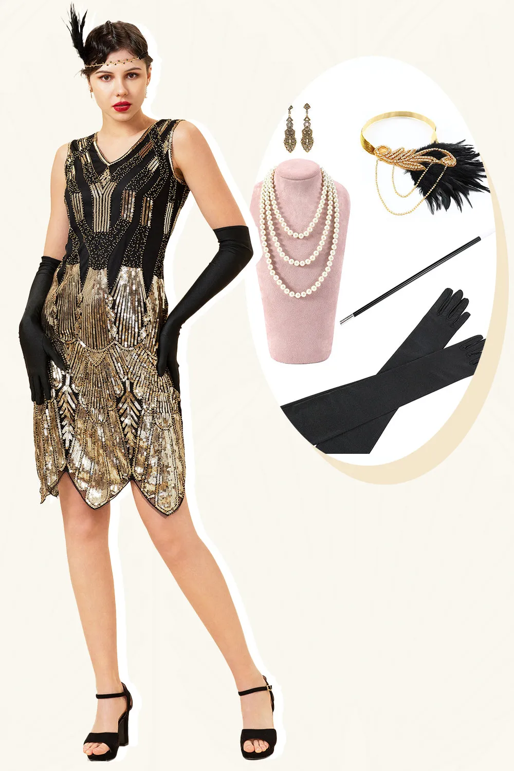 Golden Sequins Glitter Flapper Dress with 1920s Accessories Set sold by Zapaka