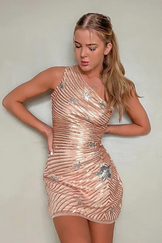 Sheath Rose Golden Sequined One Shoulder Homecoming Dress sold by Zapaka