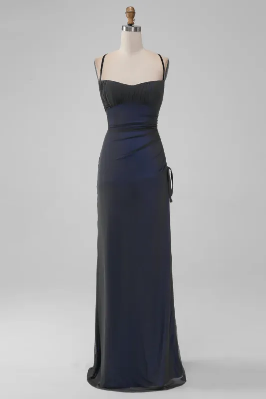 Black Blue Spaghetti Straps Mermaid Pleated Long Prom Dress with Slit sold by Zapaka