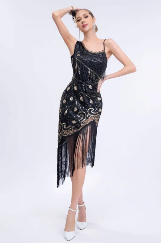 Black Beaded Roaring 20s Gatsby Fringed Flapper Dress sold by Zapaka
