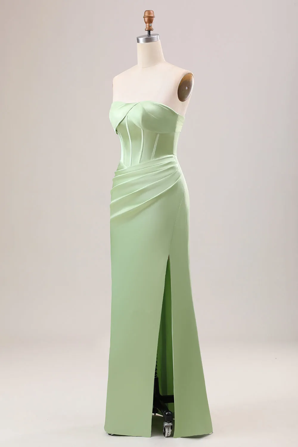 Green Sheath Corset Strapless Long Bridesmaid Dress With Slit sold by Zapaka product image thumbnail 3