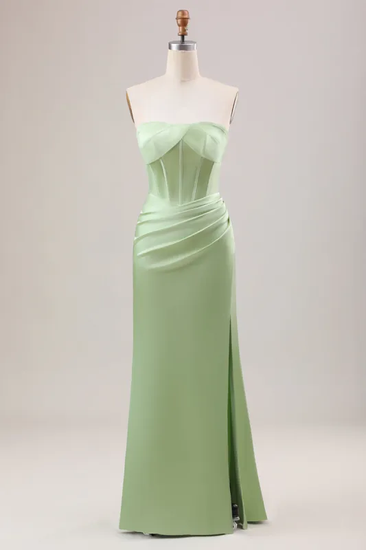 Green Sheath Corset Strapless Long Bridesmaid Dress With Slit sold by Zapaka