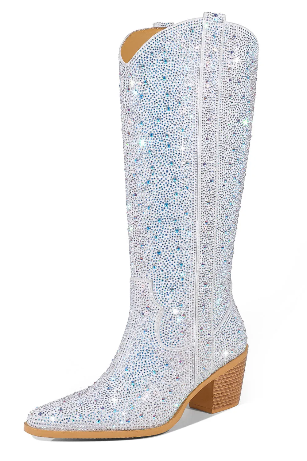 Silver Knee-High Shiny Pointed Toe Chunky Heel Boots sold by Zapaka product image thumbnail 2