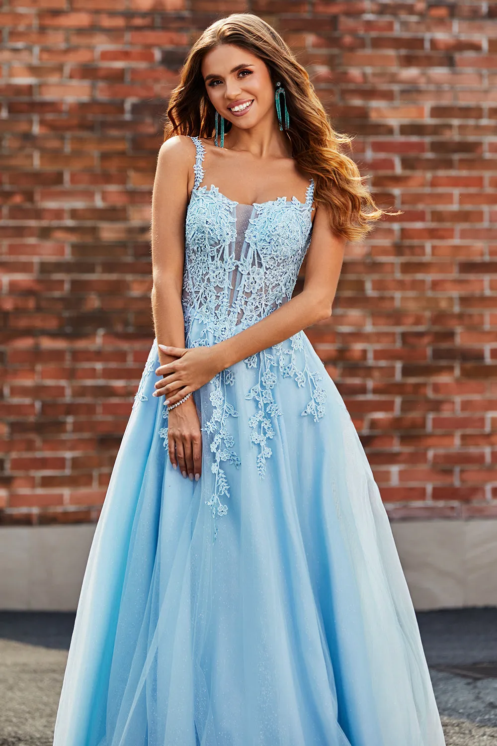 Gorgeous A Line Spaghetti Straps Light Blue Corset Prom Dress with Appliques sold by Zapaka product image thumbnail 5