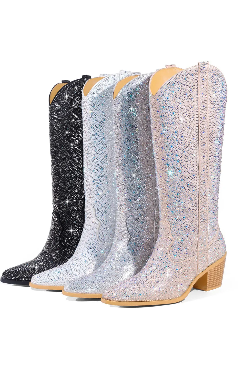 Silver Knee-High Shiny Pointed Toe Chunky Heel Boots sold by Zapaka