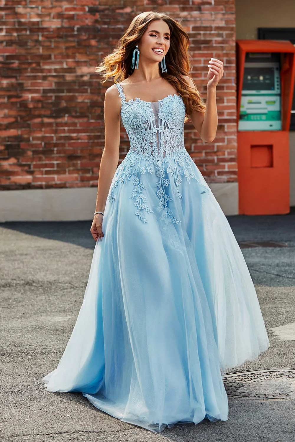 Gorgeous A Line Spaghetti Straps Light Blue Corset Prom Dress with Appliques sold by Zapaka product image thumbnail 3