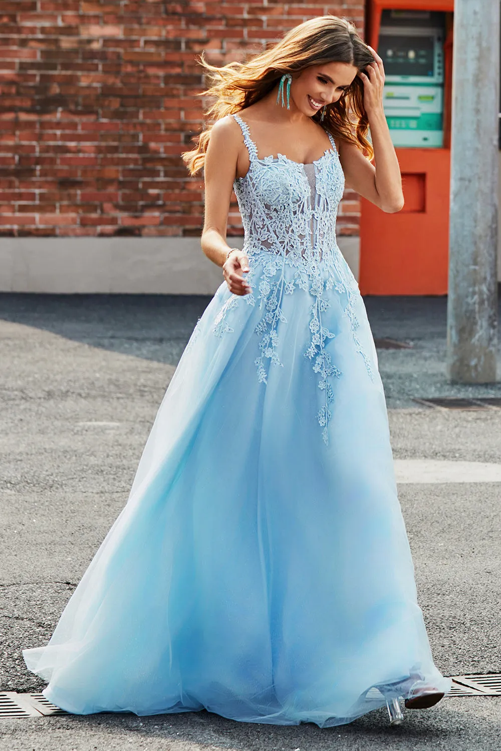 Gorgeous A Line Spaghetti Straps Light Blue Corset Prom Dress with Appliques sold by Zapaka product image thumbnail 4