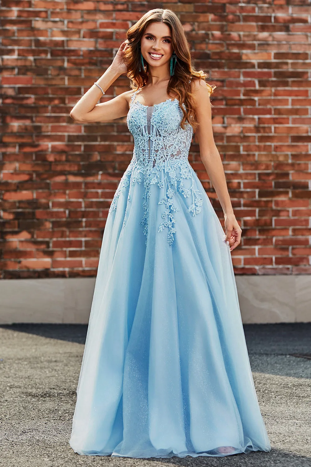Gorgeous A Line Spaghetti Straps Light Blue Corset Prom Dress with Appliques sold by Zapaka