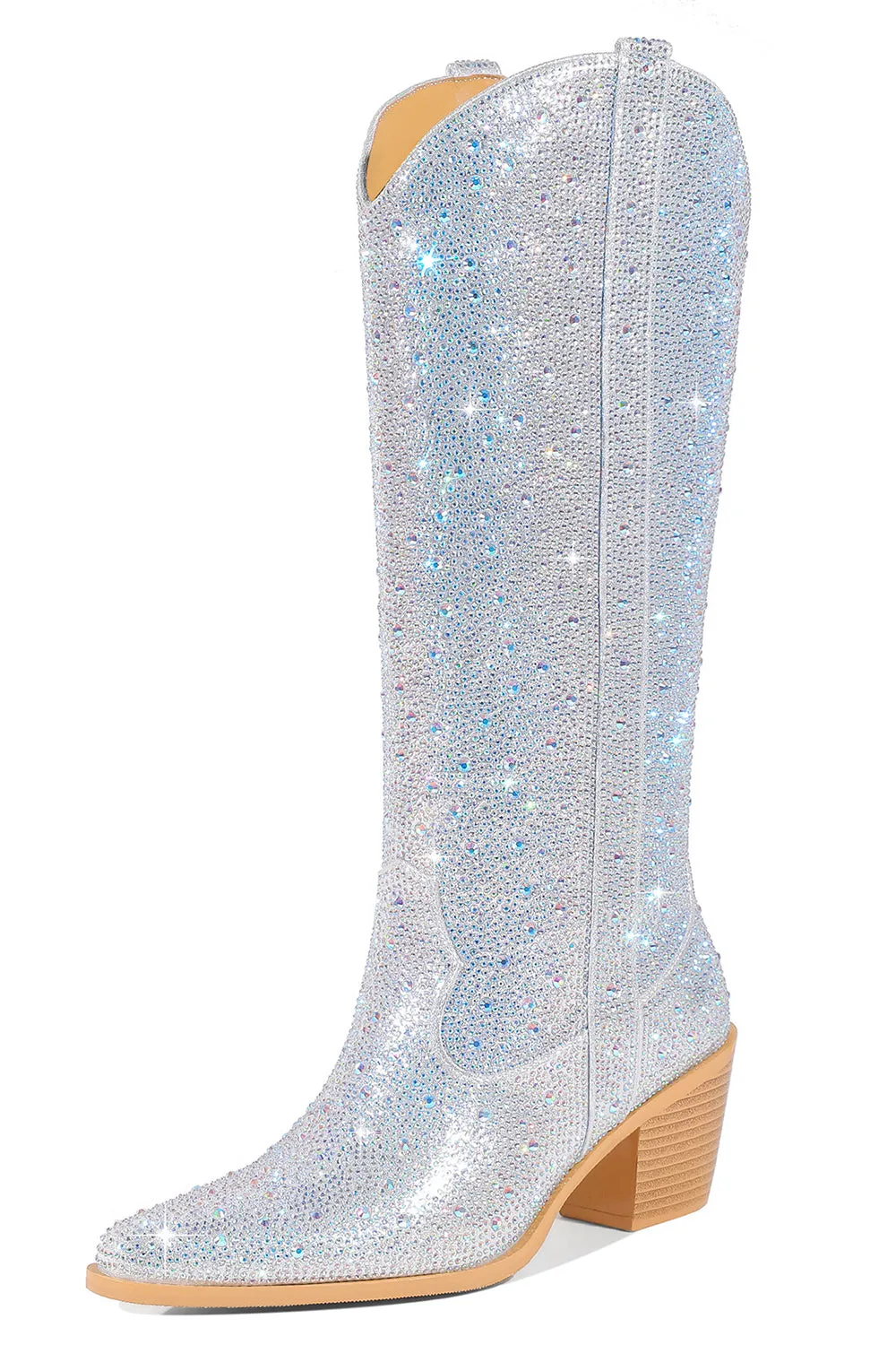 Silver Knee-High Shiny Pointed Toe Chunky Heel Boots sold by Zapaka product image thumbnail 3