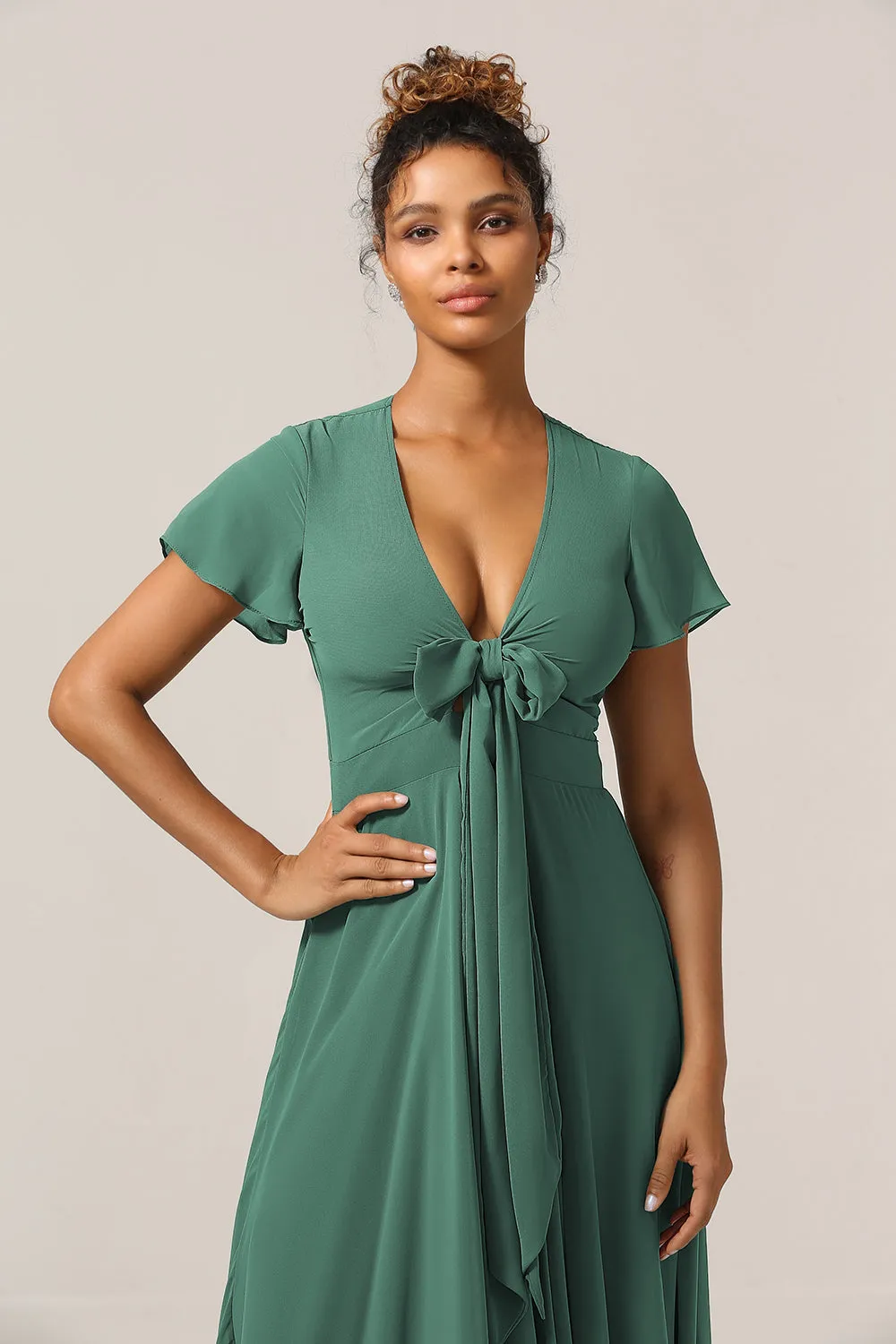Chraming A Line V-Neck Short Sleeves Eucalyptus Bridesmaid Dress With Bow sold by Zapaka product image thumbnail 4