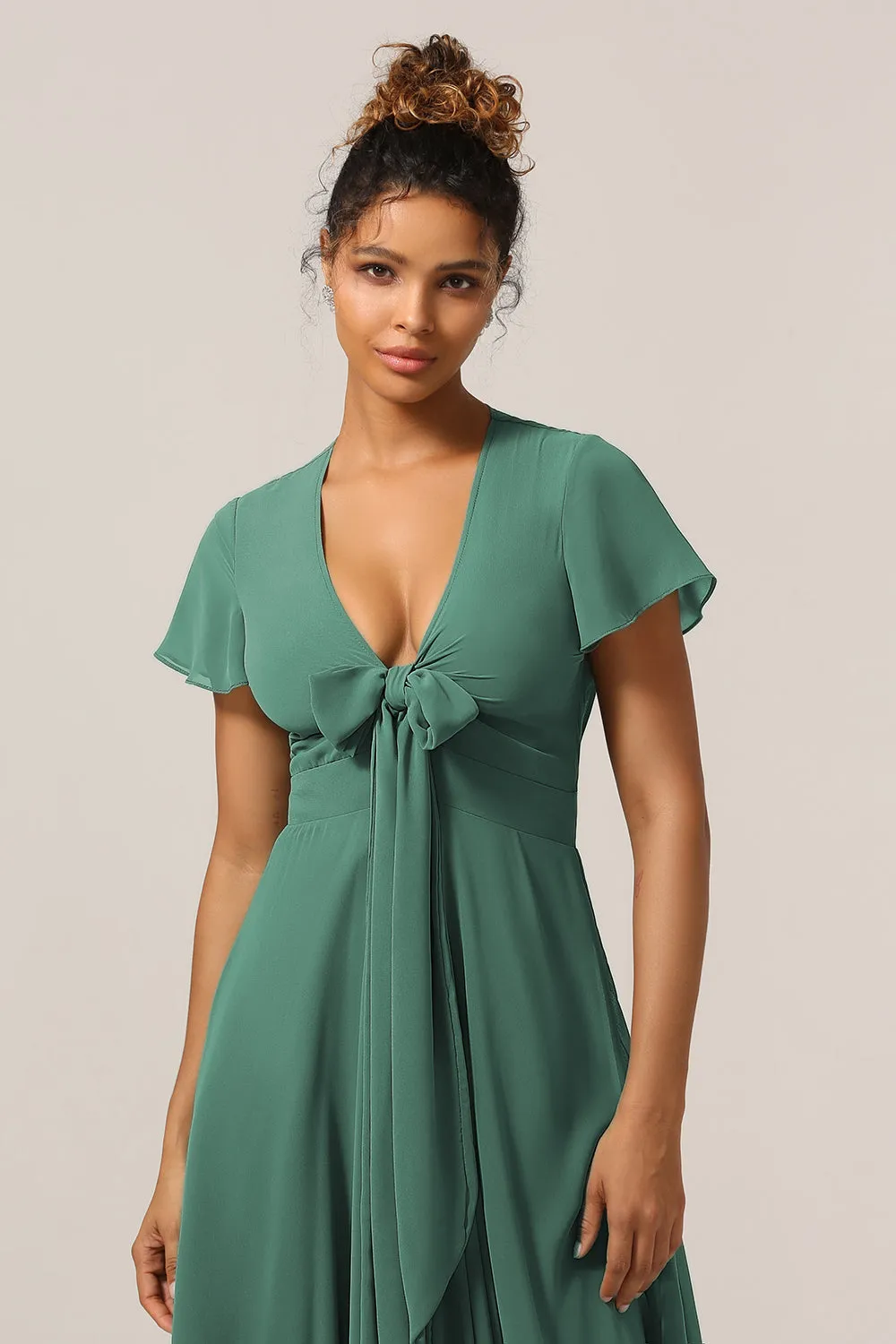 Chraming A Line V-Neck Short Sleeves Eucalyptus Bridesmaid Dress With Bow sold by Zapaka product image thumbnail 5
