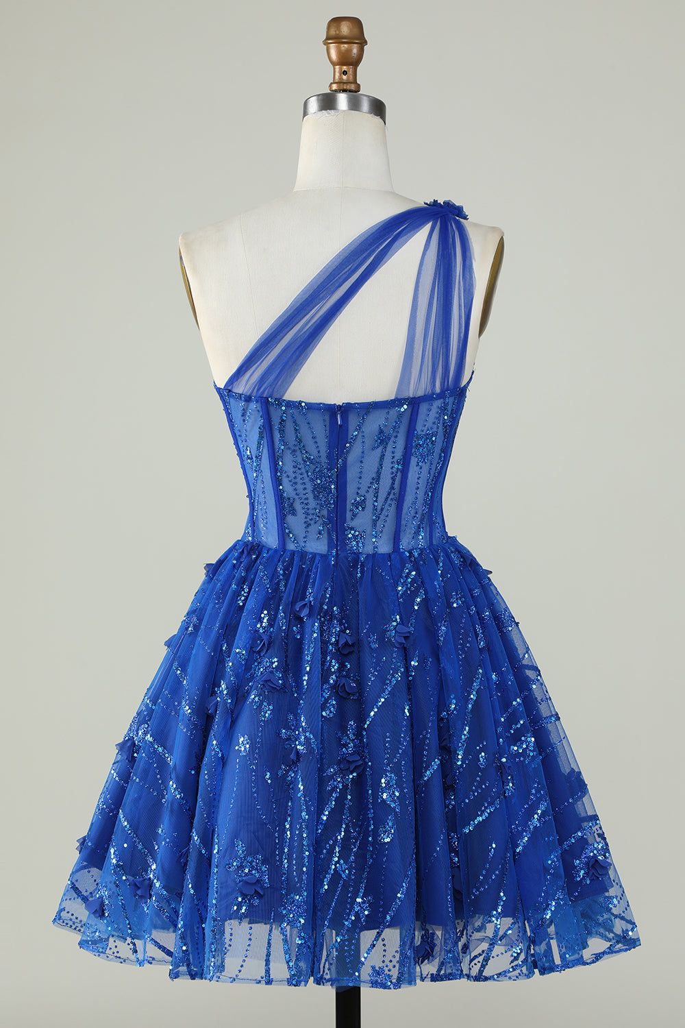 Stylish A Line One Shoulder Royal Blue Corset Homecoming Dress with Beaded sold by Zapaka product image thumbnail 2