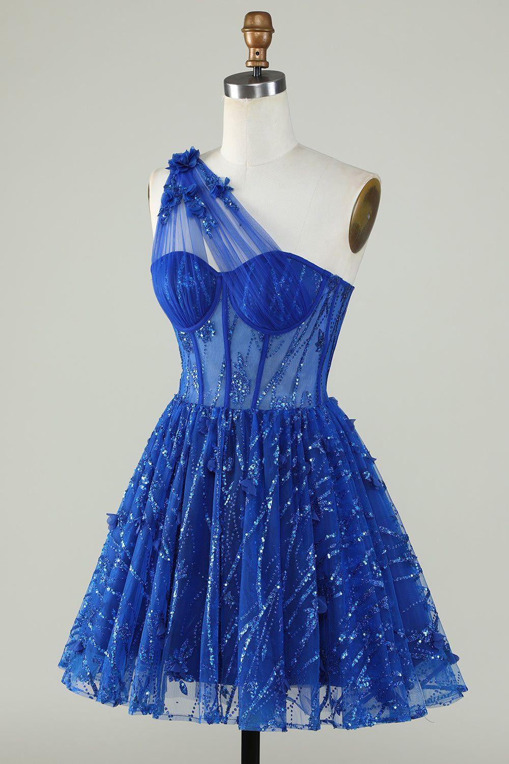 Stylish A Line One Shoulder Royal Blue Corset Homecoming Dress with Beaded sold by Zapaka product image thumbnail 3