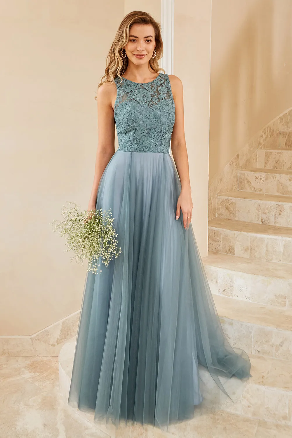 Grey Blue Tulle Bridesmaid Dress with Lace sold by Zapaka product image thumbnail 3