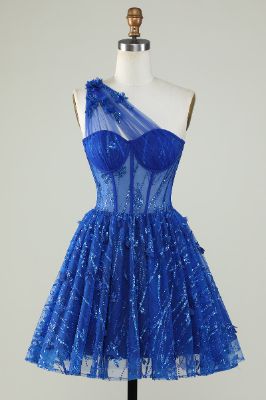 Stylish A Line One Shoulder Royal Blue Corset Homecoming Dress with Beaded sold by Zapaka