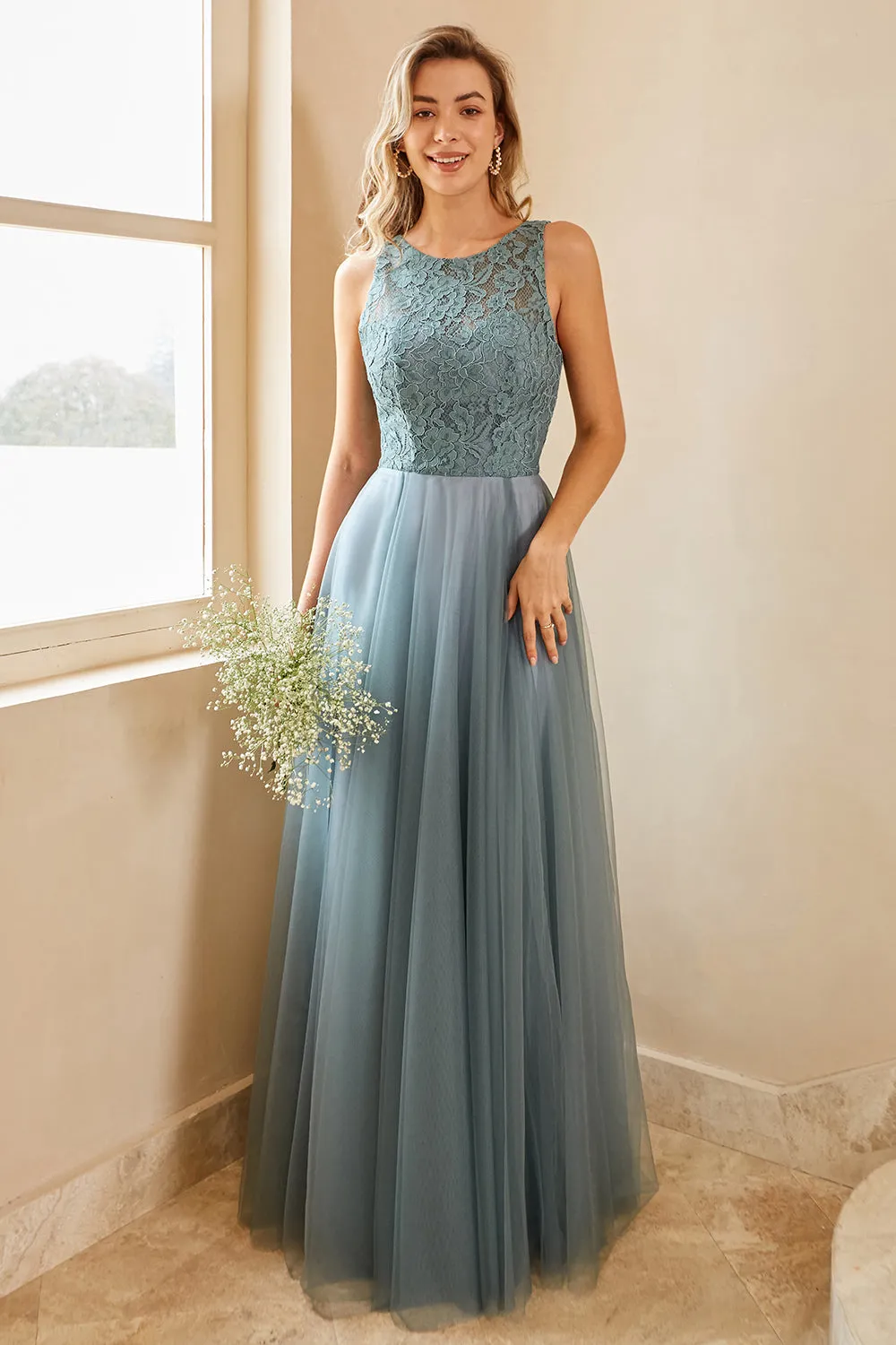 Grey Blue Tulle Bridesmaid Dress with Lace sold by Zapaka