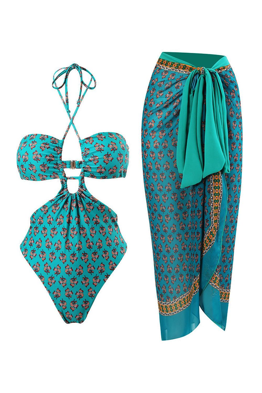 Halter Neck One Piece Pink Swimwear with Beach Skirt sold by Zapaka product image thumbnail 6