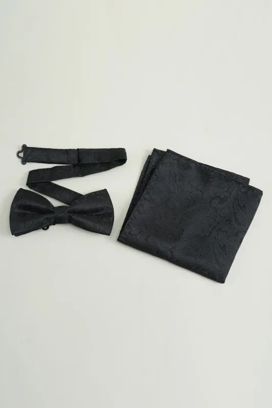 Black Jacquard Satin Bow Tie Pocket Square Set made by Zapaka