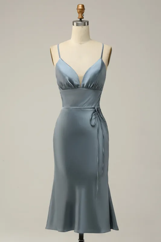 Spaghetti Straps Satin Blue Bridesmaid Dress sold by Zapaka