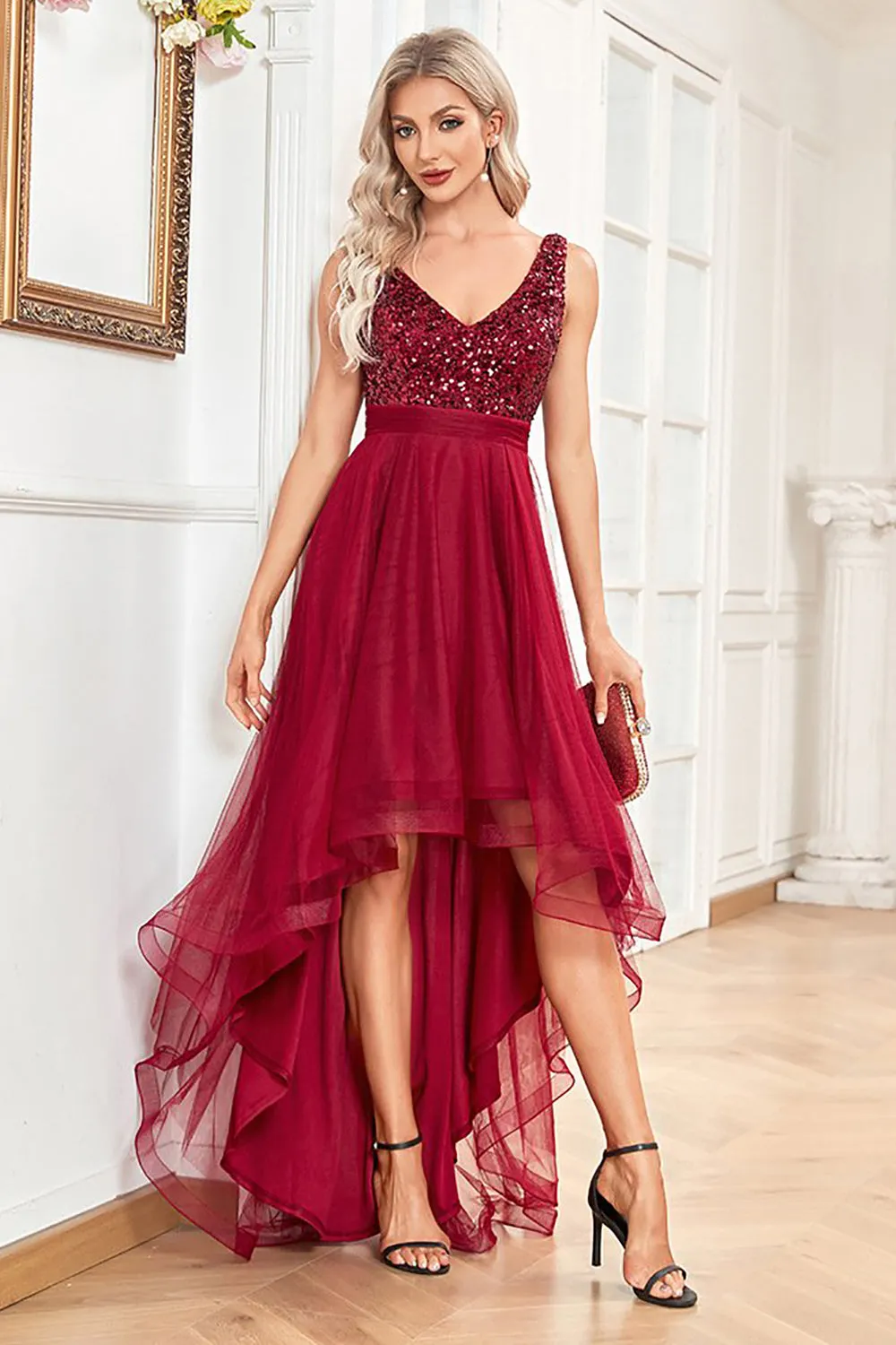 High Low Burgundy Sparkly Sequin V-Neck Prom Dress sold by Zapaka product image thumbnail 4
