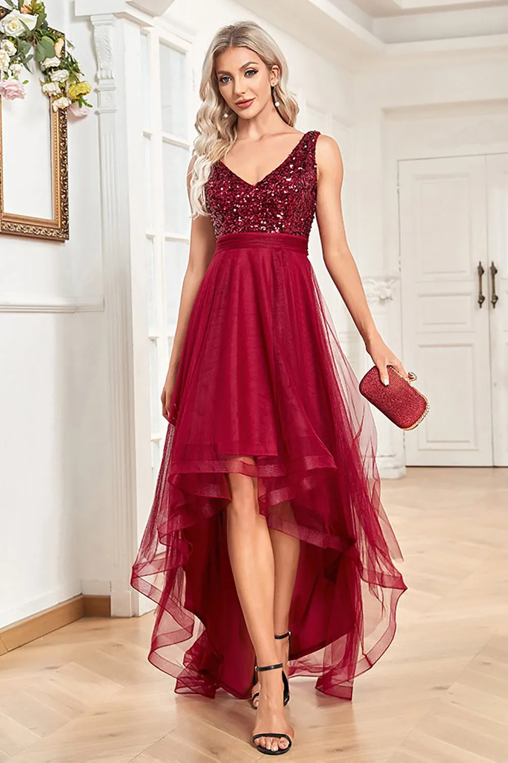 High Low Burgundy Sparkly Sequin V-Neck Prom Dress sold by Zapaka