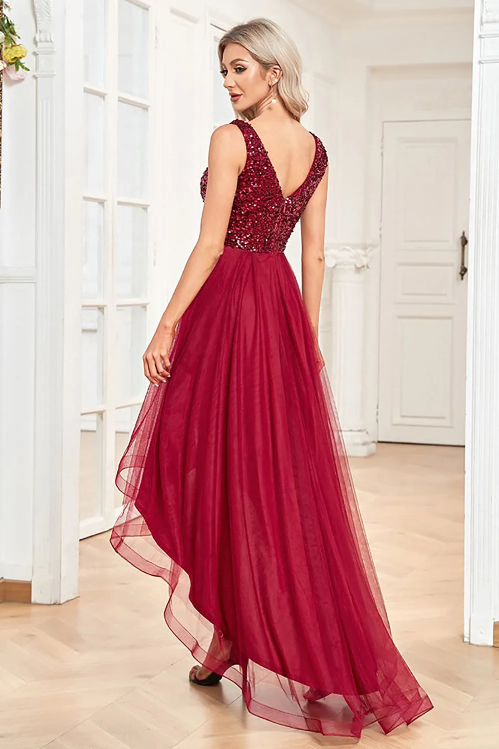 High Low Burgundy Sparkly Sequin V-Neck Prom Dress sold by Zapaka product image thumbnail 2