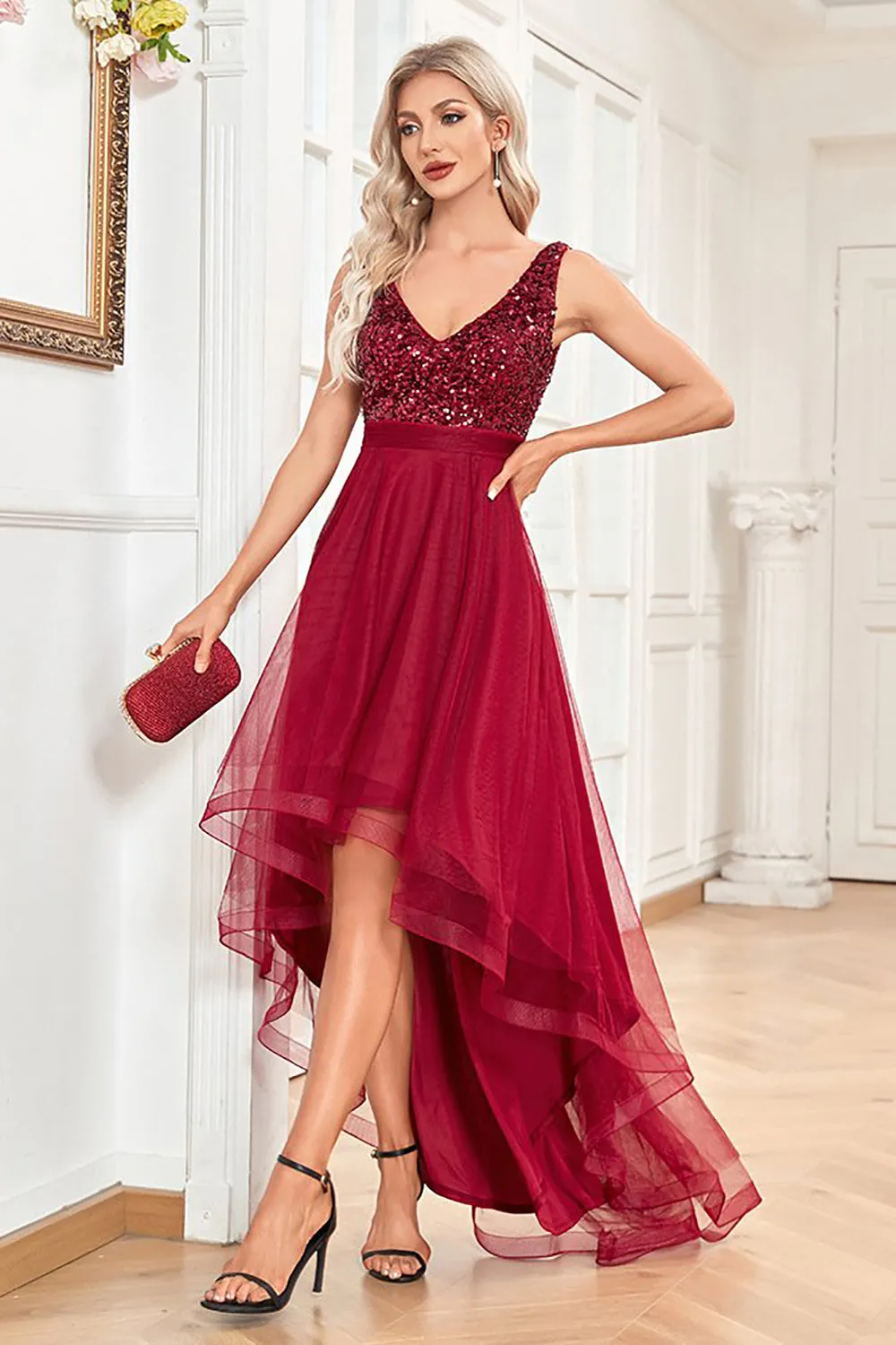 High Low Burgundy Sparkly Sequin V-Neck Prom Dress sold by Zapaka product image thumbnail 3