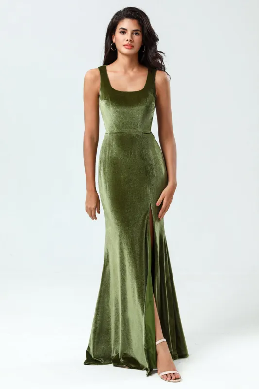 Enchanting Romantic Mermaid Square Neck Olive Long Bridesmaid Dress with Slit sold by Zapaka