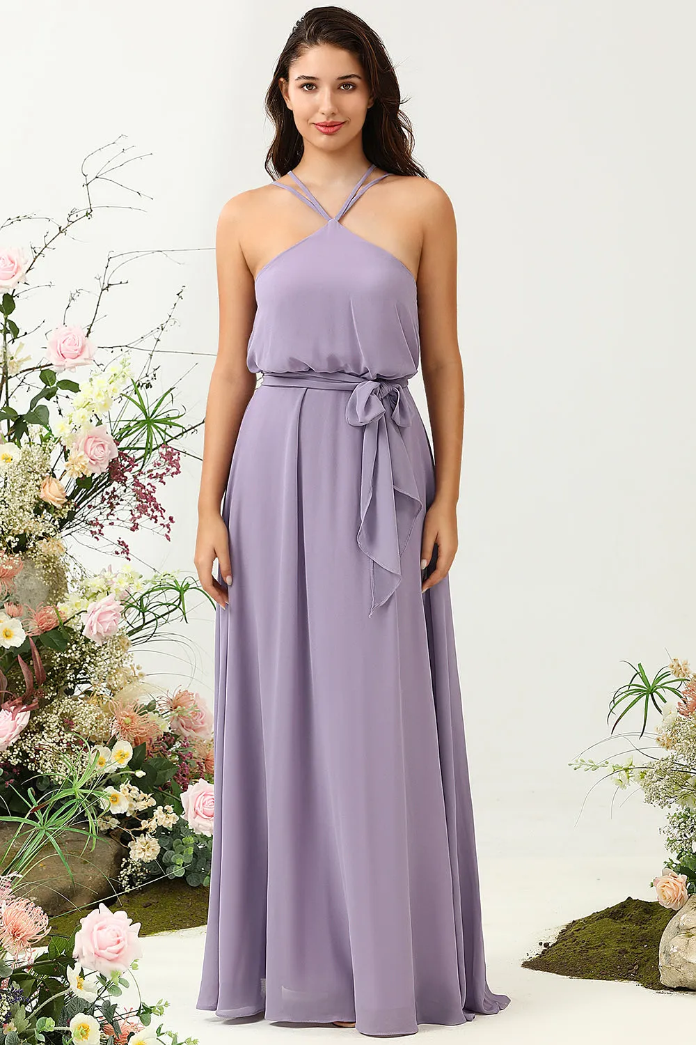 A Line Halter Purple Long Bridesmaid Dress with Bowknot sold by Zapaka product image thumbnail 4