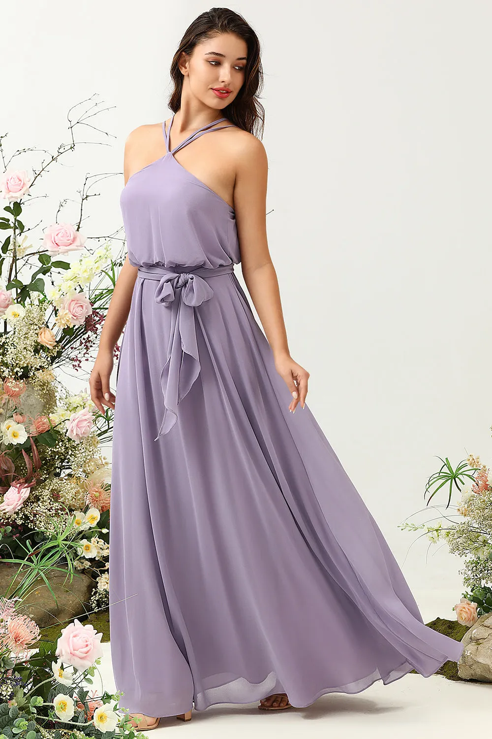 A Line Halter Purple Long Bridesmaid Dress with Bowknot sold by Zapaka product image thumbnail 3