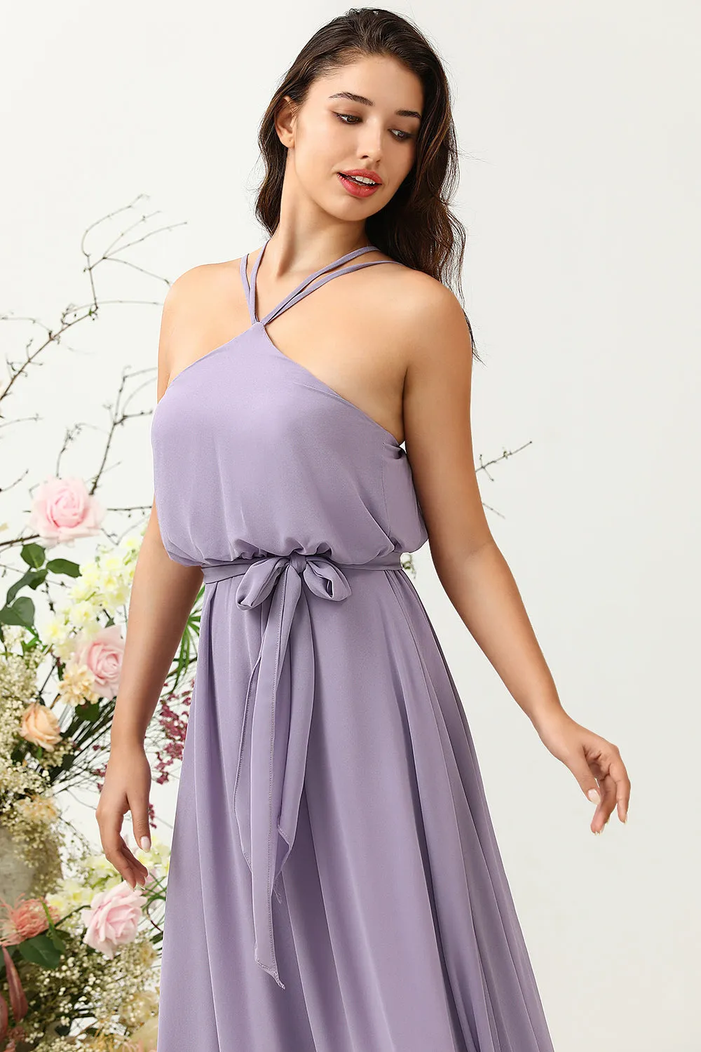 A Line Halter Purple Long Bridesmaid Dress with Bowknot sold by Zapaka product image thumbnail 5