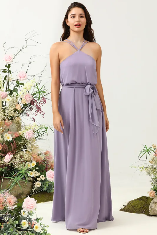 A Line Halter Purple Long Bridesmaid Dress with Bowknot sold by Zapaka