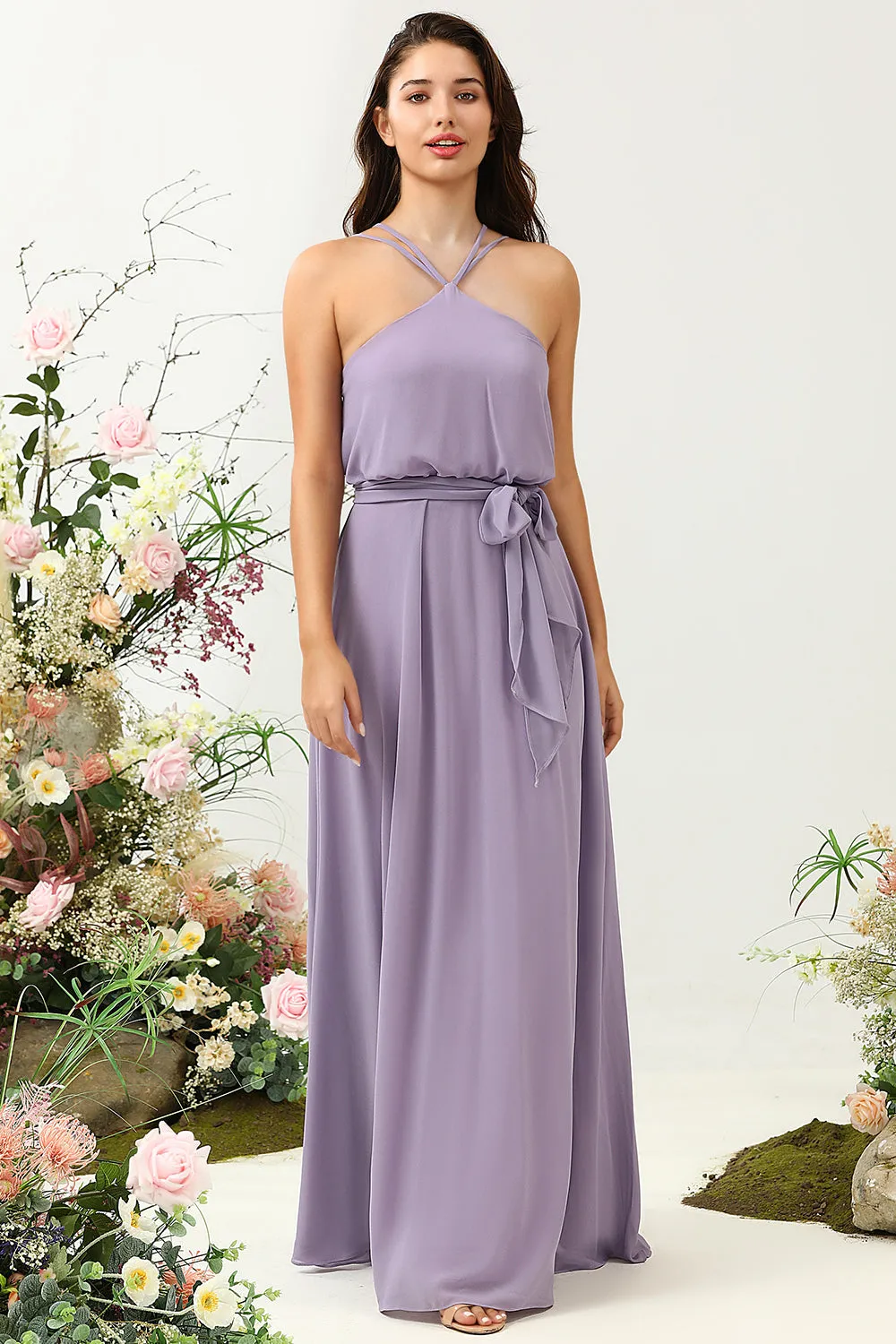 A Line Halter Purple Long Bridesmaid Dress with Bowknot sold by Zapaka