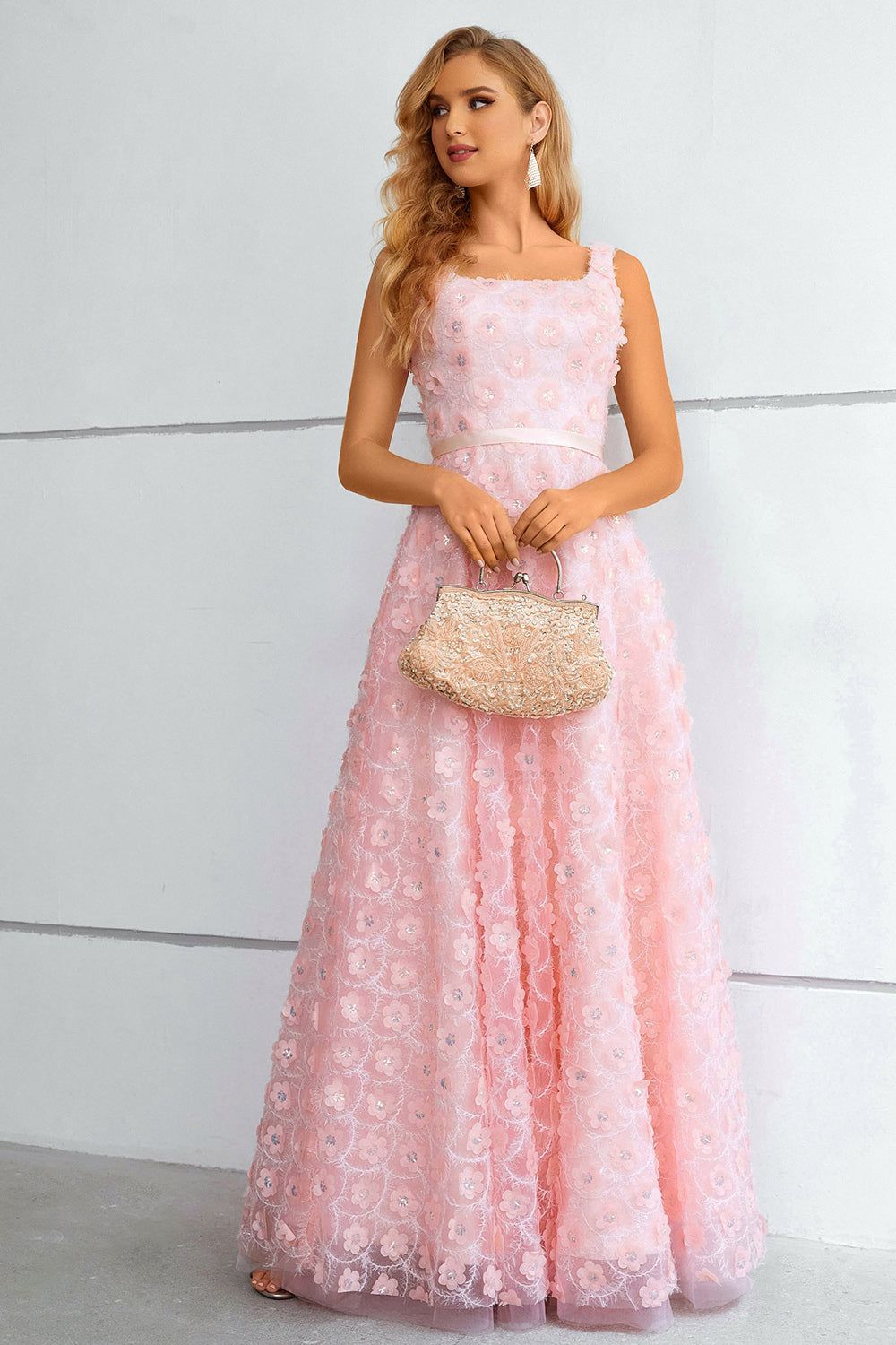 Pink A-Line Lace-Up Back Prom Dress With 3D Flowers sold by Zapaka product image thumbnail 4