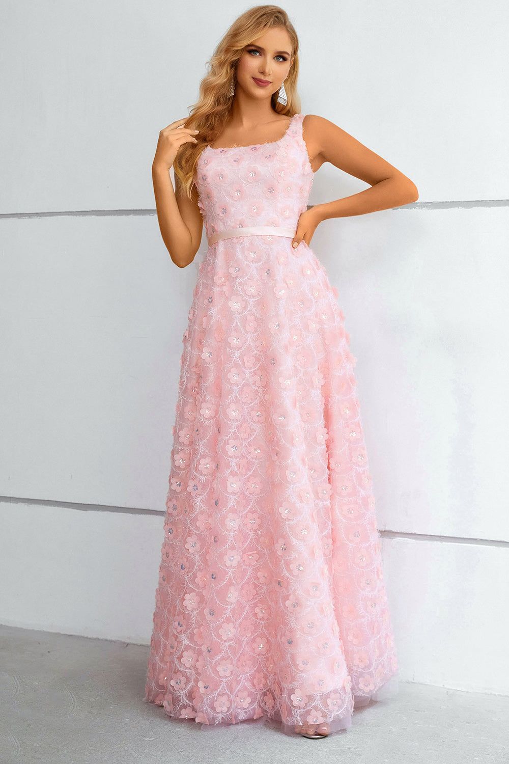 Pink A-Line Lace-Up Back Prom Dress With 3D Flowers sold by Zapaka
