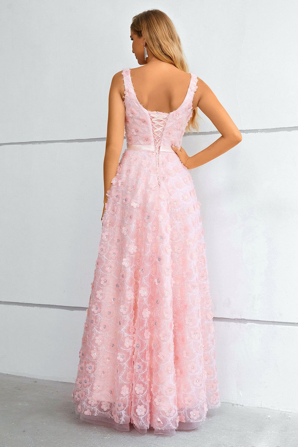 Pink A-Line Lace-Up Back Prom Dress With 3D Flowers sold by Zapaka product image thumbnail 2