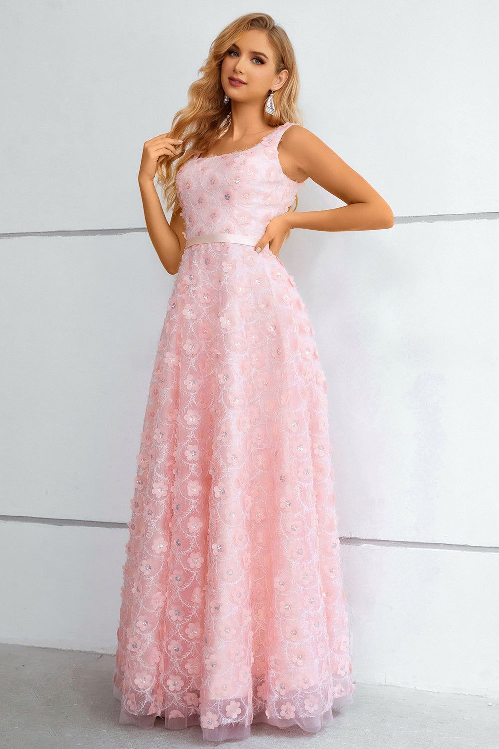 Pink A-Line Lace-Up Back Prom Dress With 3D Flowers sold by Zapaka product image thumbnail 3
