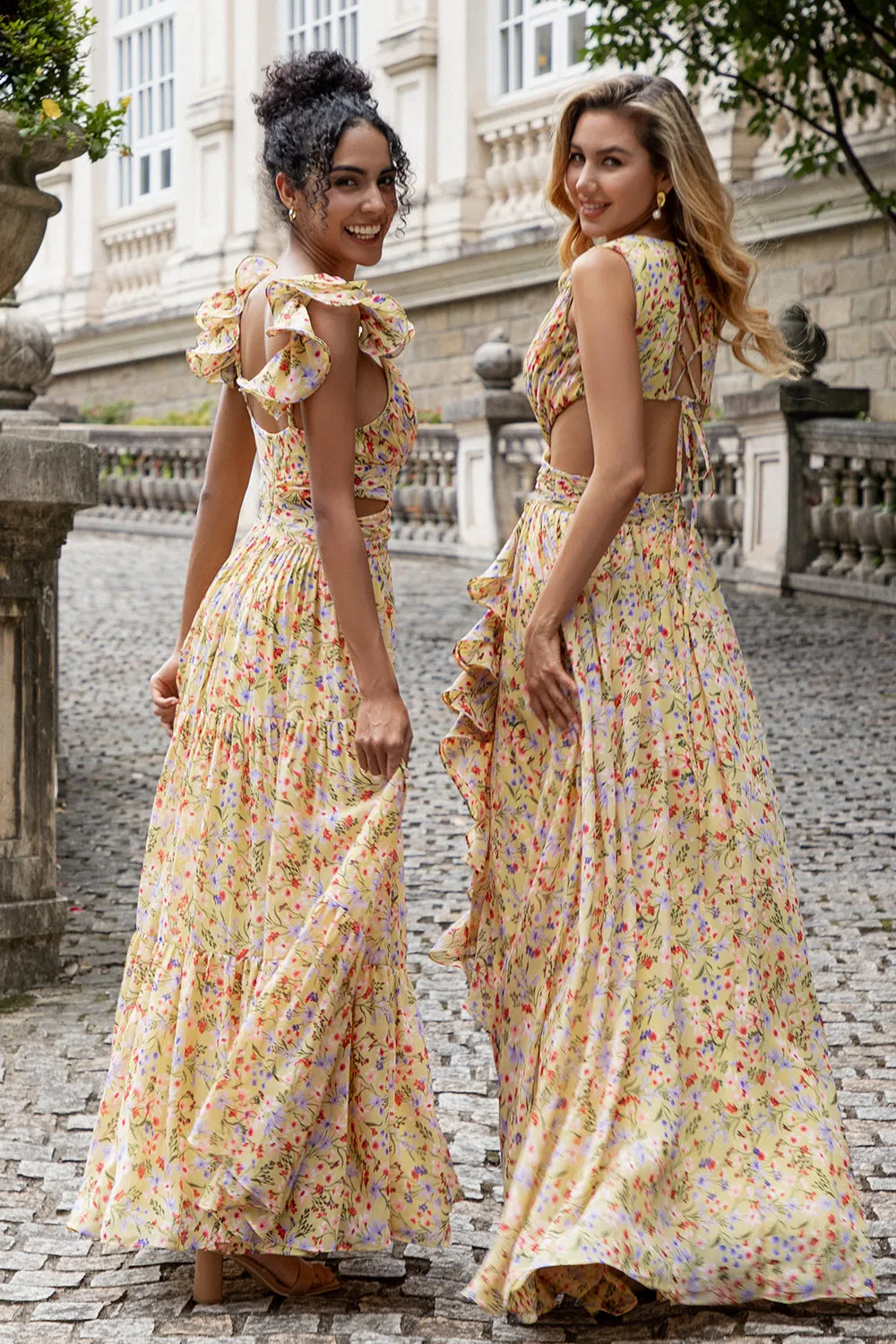 Yellow Flower A Line V Neck Print Pleated Wedding Party Guest Dress with Slit sold by Zapaka product image thumbnail 4