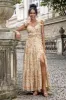 Yellow Flower A Line V Neck Print Pleated Wedding Party Guest Dress with Slit sold by Zapaka