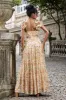 Yellow Flower A Line V Neck Print Pleated Wedding Party Guest Dress with Slit sold by Zapaka