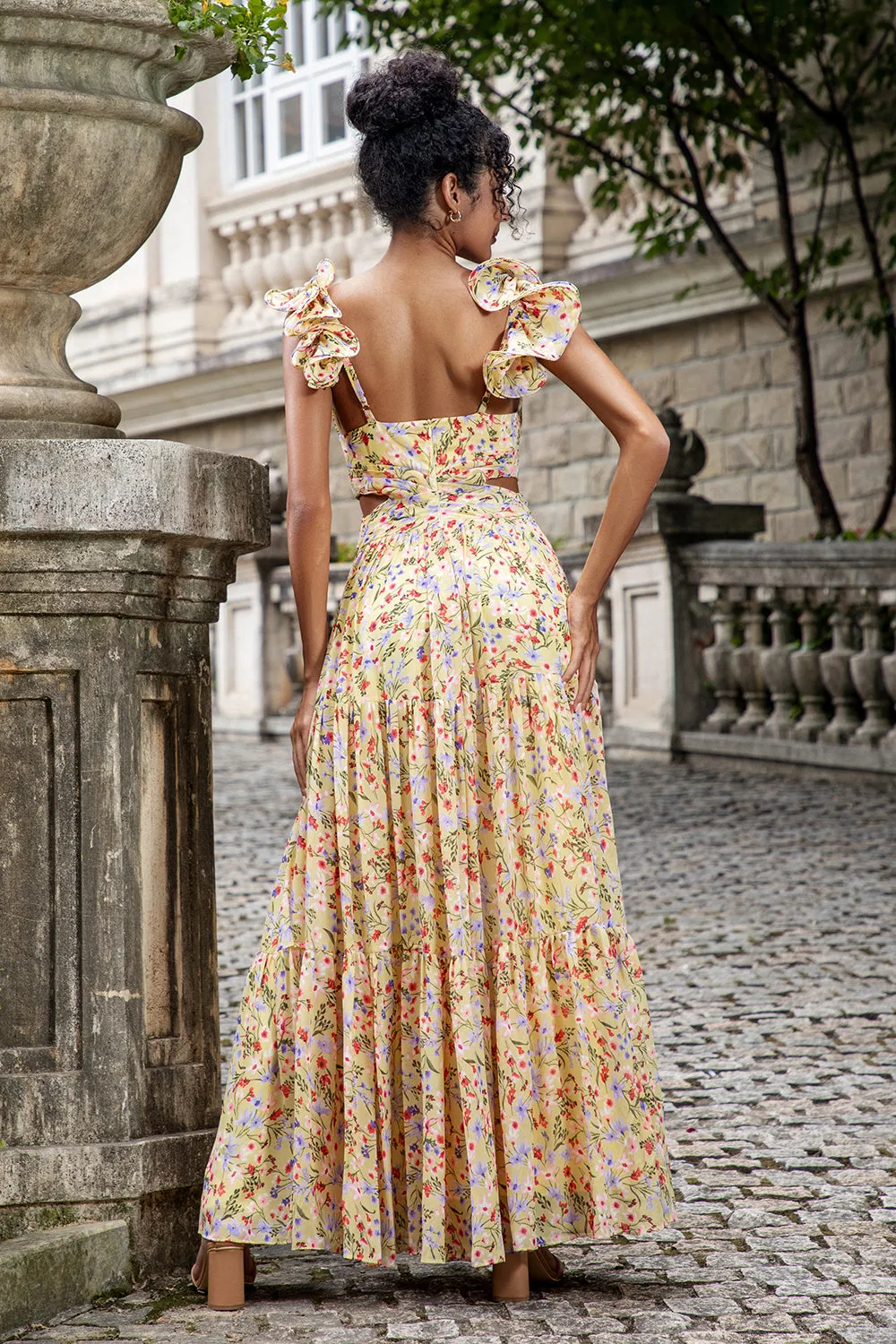 Yellow Flower A Line V Neck Print Pleated Wedding Party Guest Dress with Slit sold by Zapaka product image thumbnail 2