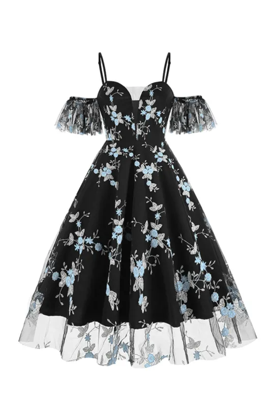 Off the Shoulder Blue 1950s Dress with Embroidery sold by Zapaka