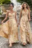 Yellow Flower A Line V Neck Print Pleated Wedding Party Guest Dress with Slit sold by Zapaka