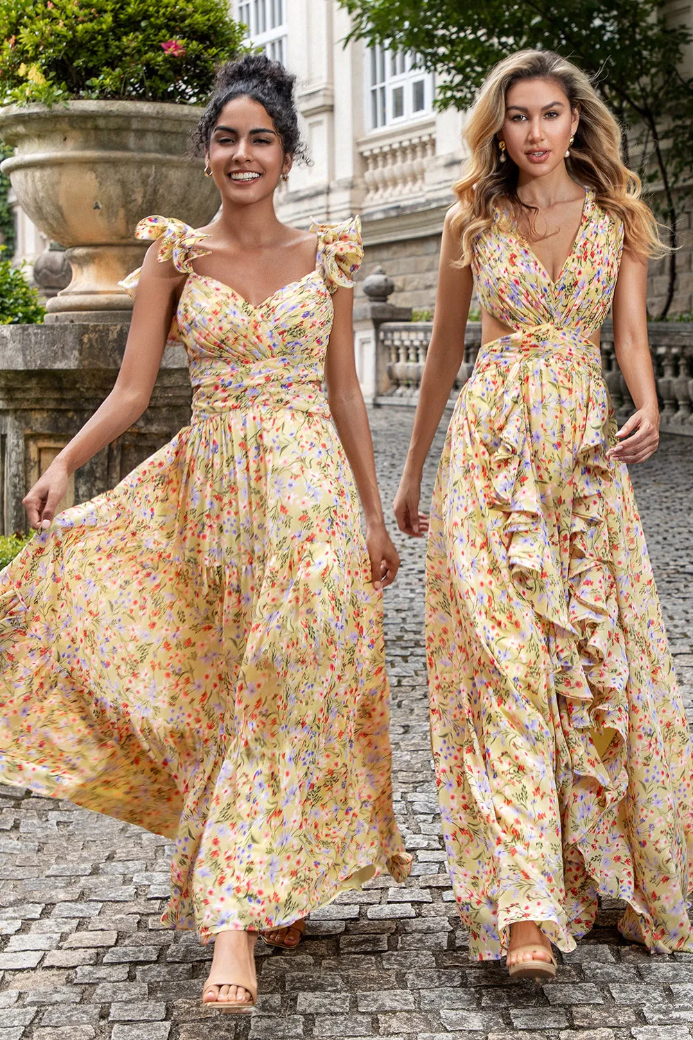 Yellow Flower A Line V Neck Print Pleated Wedding Party Guest Dress with Slit sold by Zapaka product image thumbnail 3