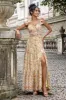 Yellow Flower A Line V Neck Print Pleated Wedding Party Guest Dress with Slit sold by Zapaka