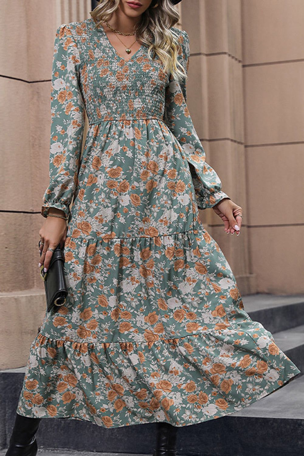 V-neck Green Printed Long Sleeves Casual Dress with Pleated sold by Zapaka product image thumbnail 5