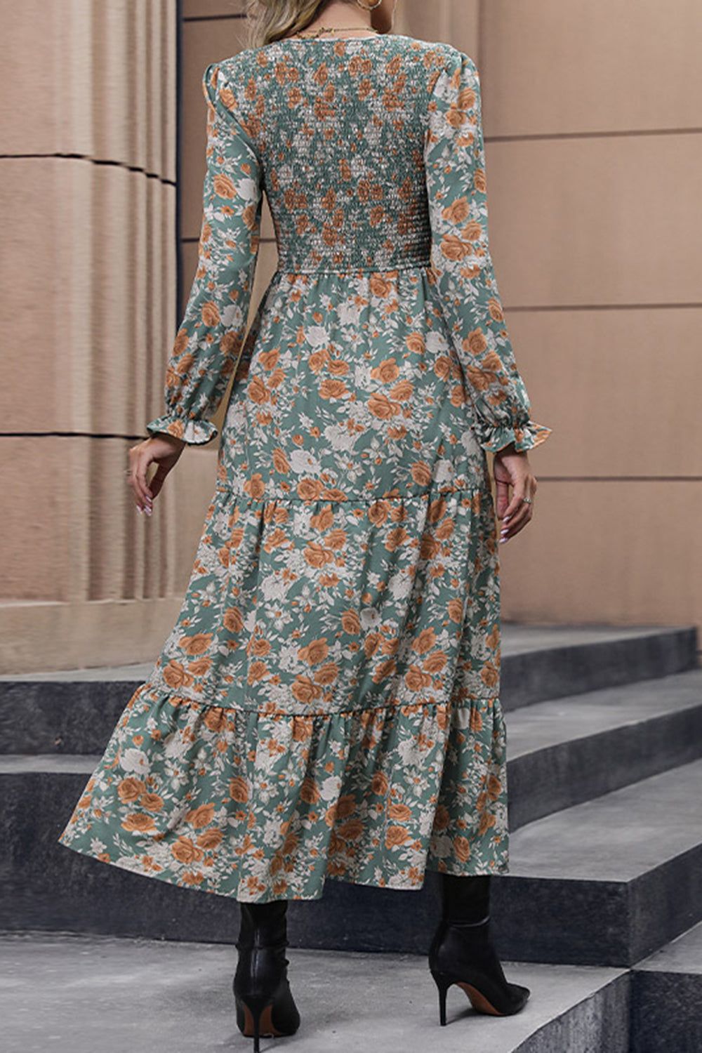 V-neck Green Printed Long Sleeves Casual Dress with Pleated sold by Zapaka product image thumbnail 2